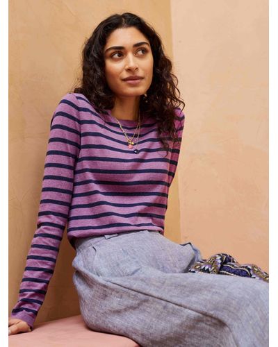 Brora Cotton Knit Stripe Long Sleeve T-shirt - Purple