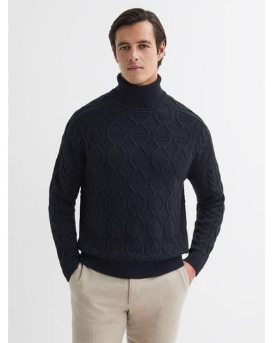 Reiss Alston Long Sleeve Roll Neck Cable Knit Jumper - Blue