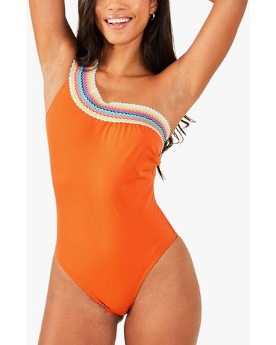 Accessorize One Shoulder Contrast Ric Rac Trim Swimsuit - Orange