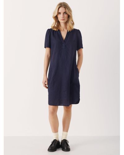 Part Two Aminase Short Sleeve Linen V-neck Dress - Blue