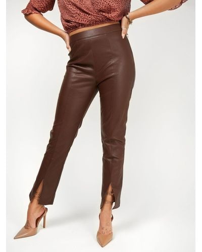 Little Mistress Faux Leather Front Split Hem Trousers - Brown