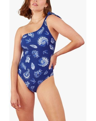 Accessorize Leaf Print One Shoulder Swimsuit - Blue