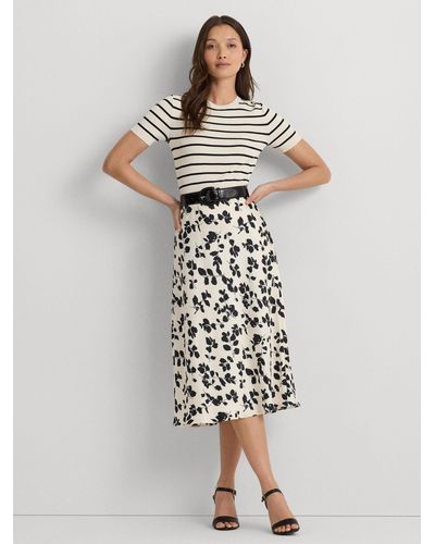 Ralph Lauren Lauren Sharae Leaf Print A-line Midi Skirt - White