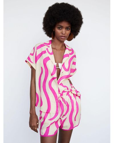 Mango Limon Swirl Print Linen Blend Shorts - Pink