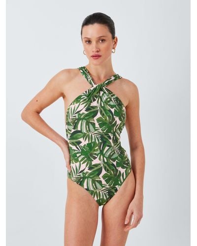 John Lewis Tropic Palm Twist Neck Swimsuit - Green