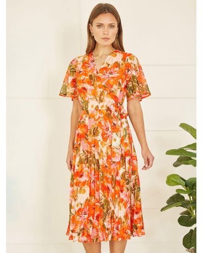 Yumi' Floral Midi Wrap Pleat Dress - Orange