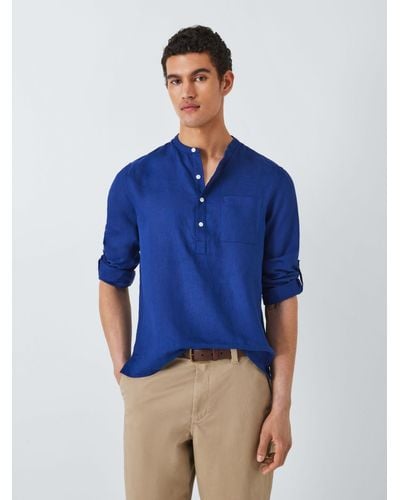 John Lewis Linen Plain Grandad Collar Beach Shirt - Blue