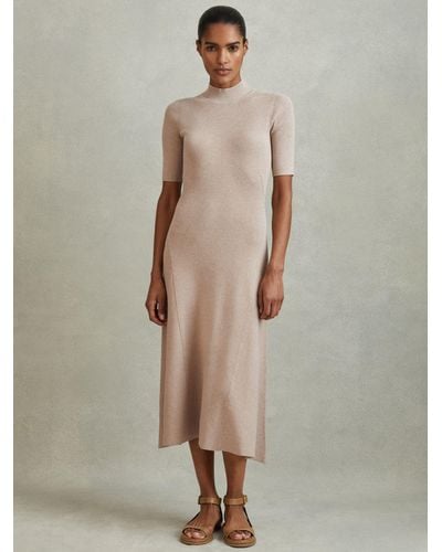 Reiss Caitlyn Rib Knit Asymmetric Hem Midi Dress - Natural