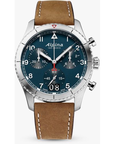 Alpina Al-372nw4s26 Startimer Pilot Date Chronograph Leather Strap Watch - Blue