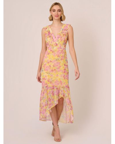 Adrianna Papell Floral Print Ruffle Detail Maxi Dress - Natural