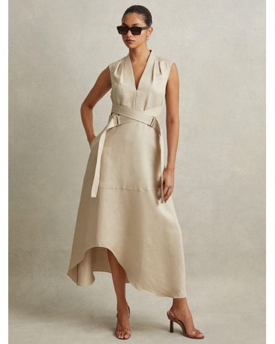 Reiss Ava Asymmetrical Hem Linen Blend Midi Dress - Natural