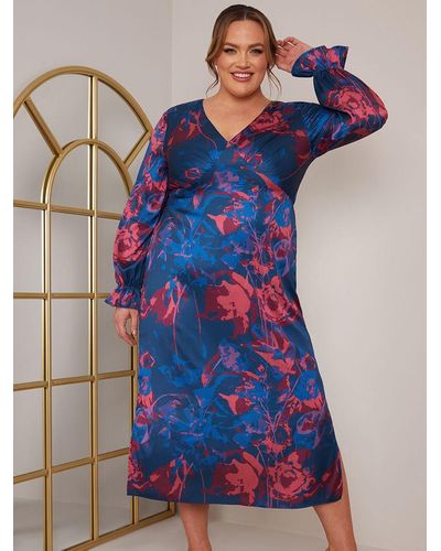 Chi Chi London Plus Size Long Sleeve V Neck Floral Midi Dress - Blue