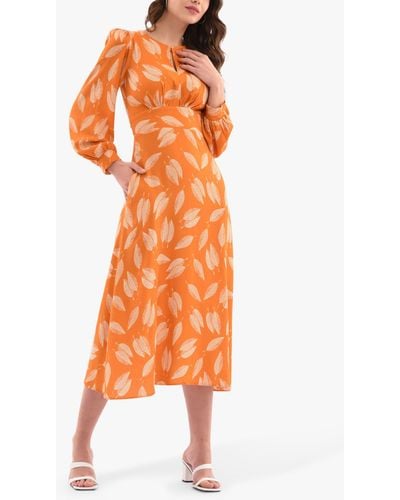 Closet Leaf Print Midi Dress - Orange