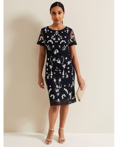 Phase Eight Petite Florisa Floral Embroidered Dress - Blue