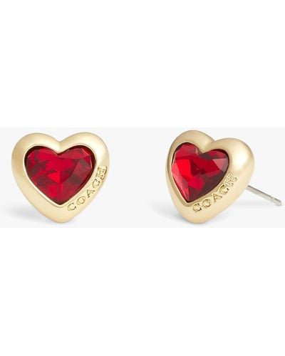 COACH Crystal Heart Stud Earrings - Red
