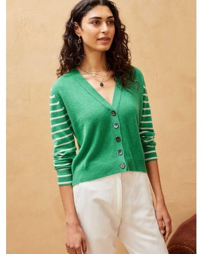 Brora Cashmere Contrast Sleeve Cardigan - Green