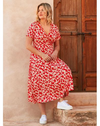 Live Unlimited Curve Ditsy Print Jersey Wrap Midi Dress - Red