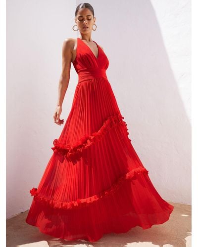 Ro&zo Sienna Pleated Frill Maxi Dress - Red
