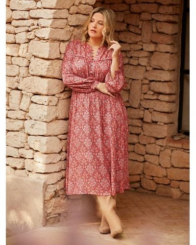 Live Unlimited Curve Paisley Print Shirred Waist Midaxi Dress - Brown
