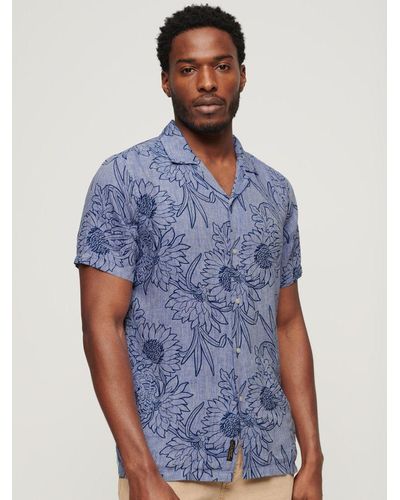 Superdry Open Collar Floral Print Linen Shirt - Blue