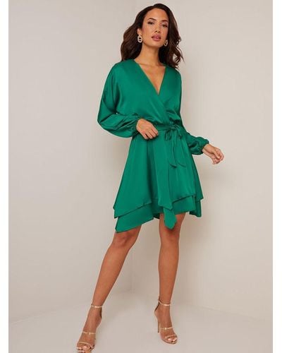 Chi Chi London Satin Wrap Mini Dress - Green