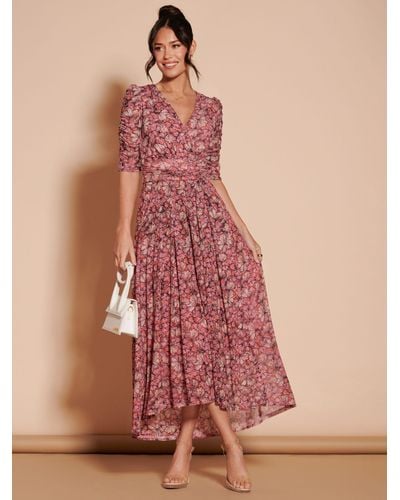 Jolie Moi Ruched Mesh Floral Maxi Dress - Pink