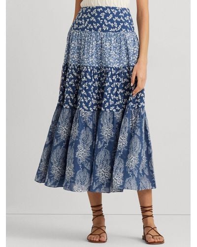 Ralph Lauren Lauren Pauldina Patchwork Floral Tiered Maxi Skirt - Blue