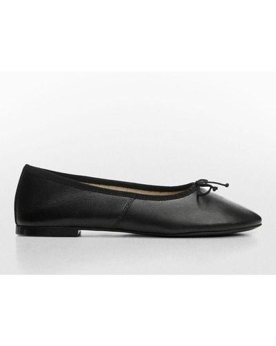 Mango Selli Flat Leather Ballet Court Shoes - Black