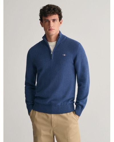 GANT Cotton Half Zip Collar Jumper - Blue