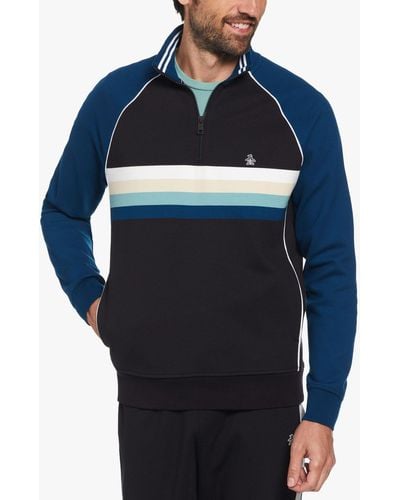 Original Penguin Quarter Zip Colour Block Stripe Sweatshirt In True Black - Blue