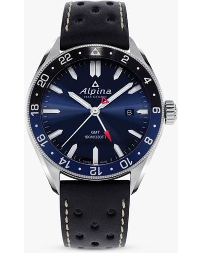 Alpina Al-247nb4e6 Alpiner Gmt Date Leather Strap Watch - Blue