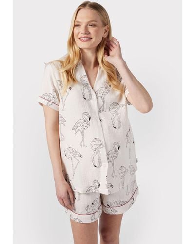 Chelsea Peers Maternity Flamingo Print Cheesecloth Short Pyjama Set - White