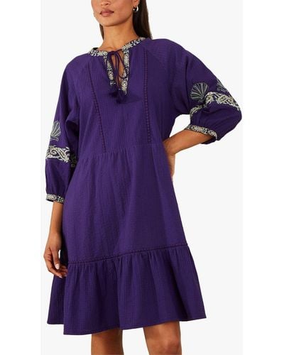 Accessorize Shell Embroidered Short Cotton Dress - Purple