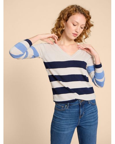 White Stuff Merino Wool Fine Knit Stripe Jumper - Blue