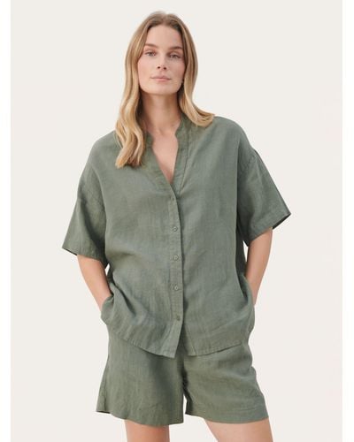 Part Two Ghita Linen Short Sleeves V-notch Neck Shirt - Green