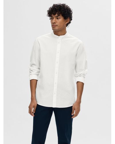 SELECTED Band Collar Linen Cotton Blend Shirt - White