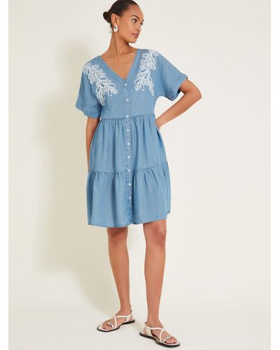 Monsoon Lacy Embroidery Detail Tiered Dress - Blue