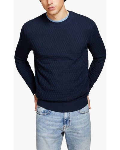Sisley Solid Ribbed Crew Neck Jumper - Blue