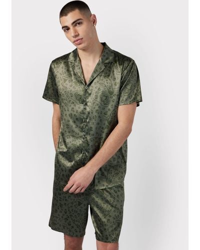 Chelsea Peers Satin Hidden Leopard Print Short Pyjama Set - Green