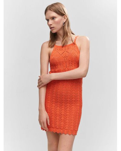 Mango Open Knit Crochet Mini Dress - Orange