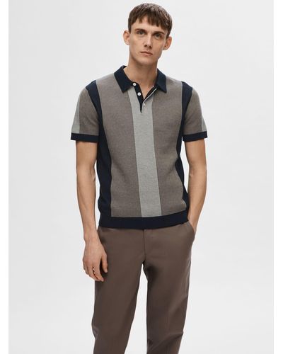 SELECTED Wide Stripe Polo Shirt - Grey
