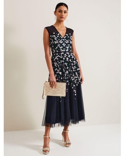 Phase Eight Floral Beaded Midi Dress - Blue