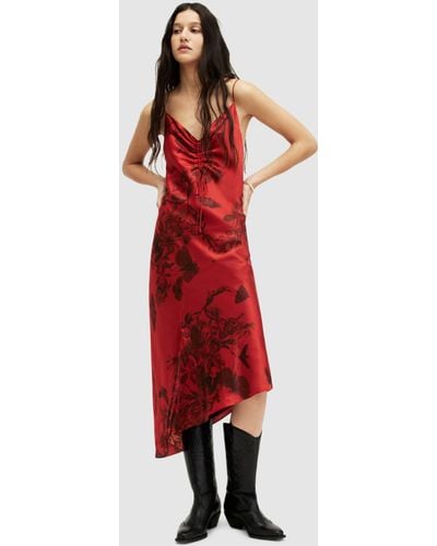 AllSaints Alexia Sanibel Midi Silk Blend Floral Dress - Red