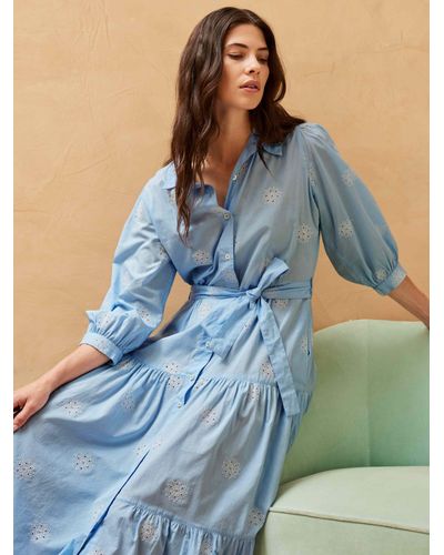 Brora Organic Cotton Embroidered Flower Shirt Dress - Blue
