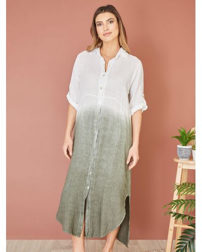 Yumi' Italian Linen Dip Dye Midi Shirt Dress - Multicolour