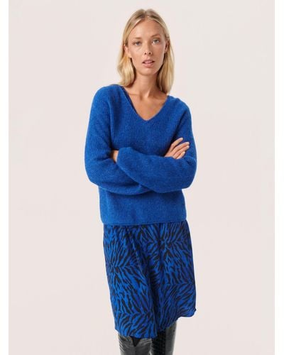 Soaked In Luxury Tuesday Long Sleeve V-neck Wool Jumper - Blue