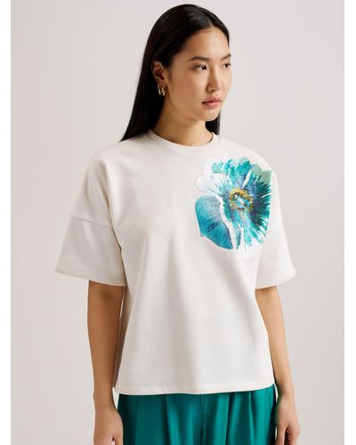 Ted Baker Caraae Sequin Flower Boxy T-shirt - White