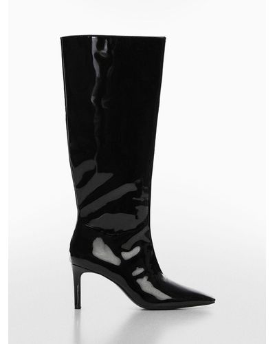 Mango Aqua Patent Leather Knee Length Boots - Black