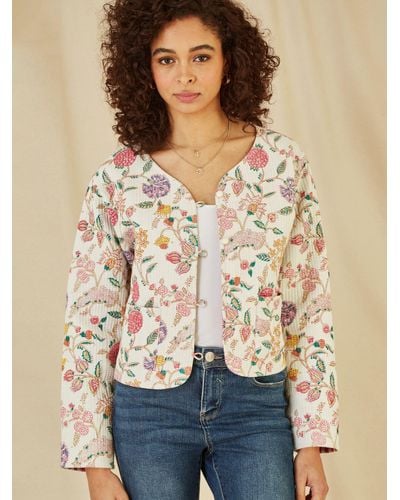 Yumi' Floral Print Reversible Cropped Quilted Jacket - Natural