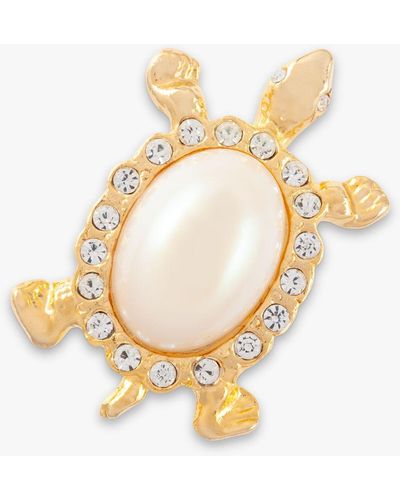 Susan Caplan Vintage Rediscovered Collection Gold Plated Swarovski Crystal & Faux Pearl Turtle Brooch - Metallic
